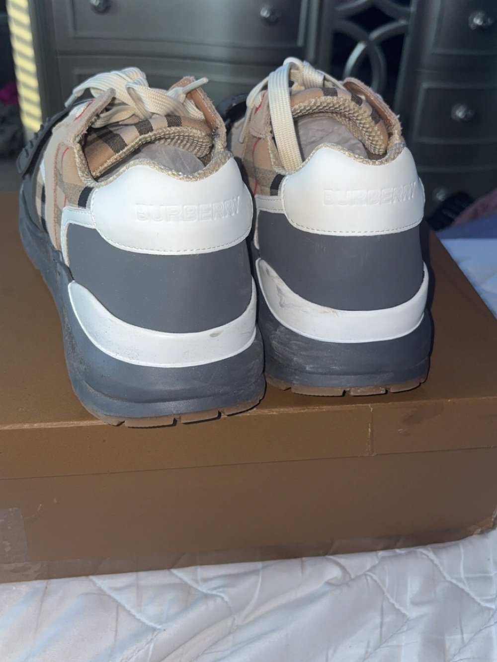 Burberry Beige, Gray & Black Check Kids Sneakers - Picture 4 of 6